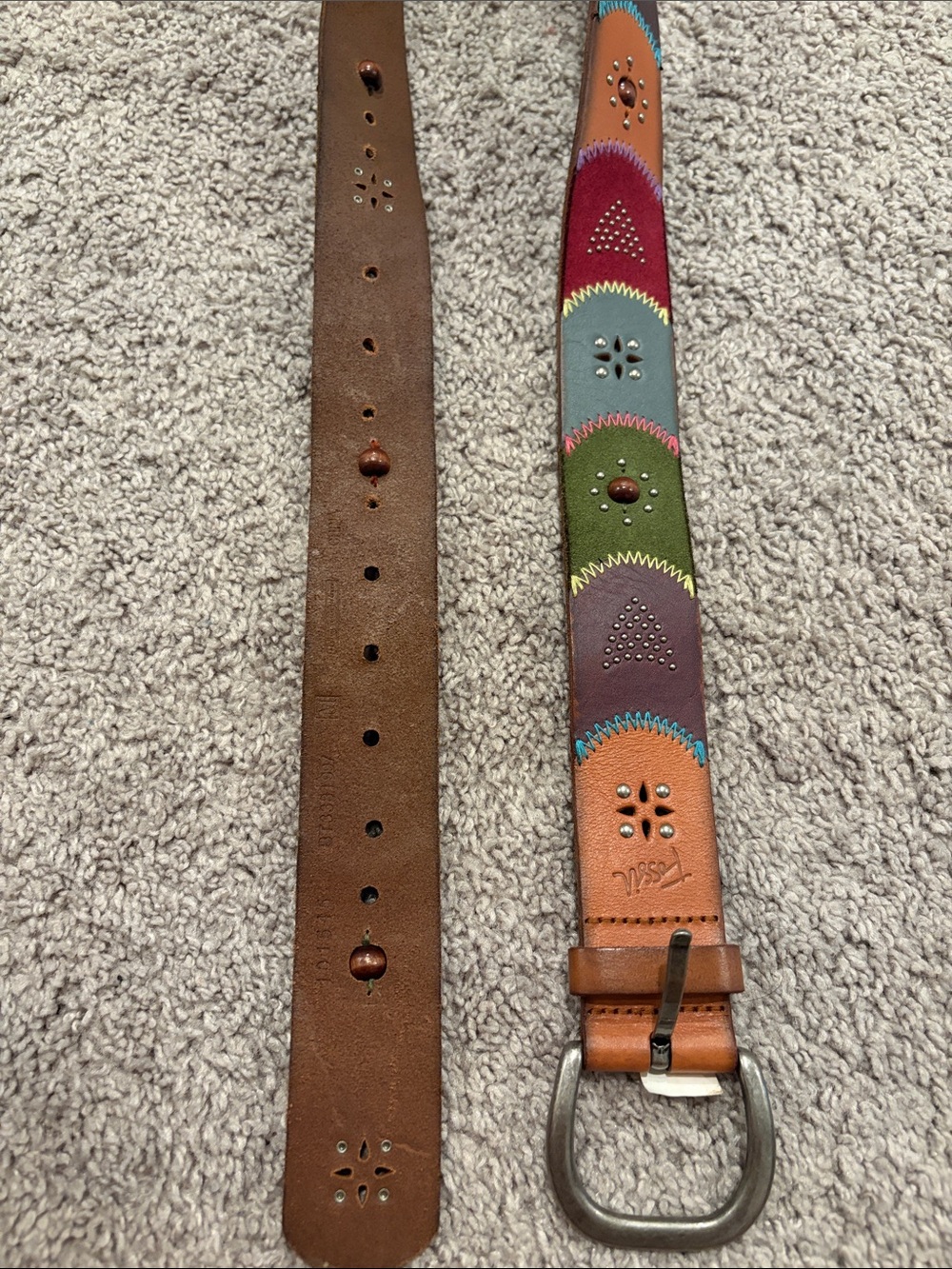 Fossil Women's Dress Belt Size S Large Patchwork Studded Emboidered Brown Green - Picture 2 of 8